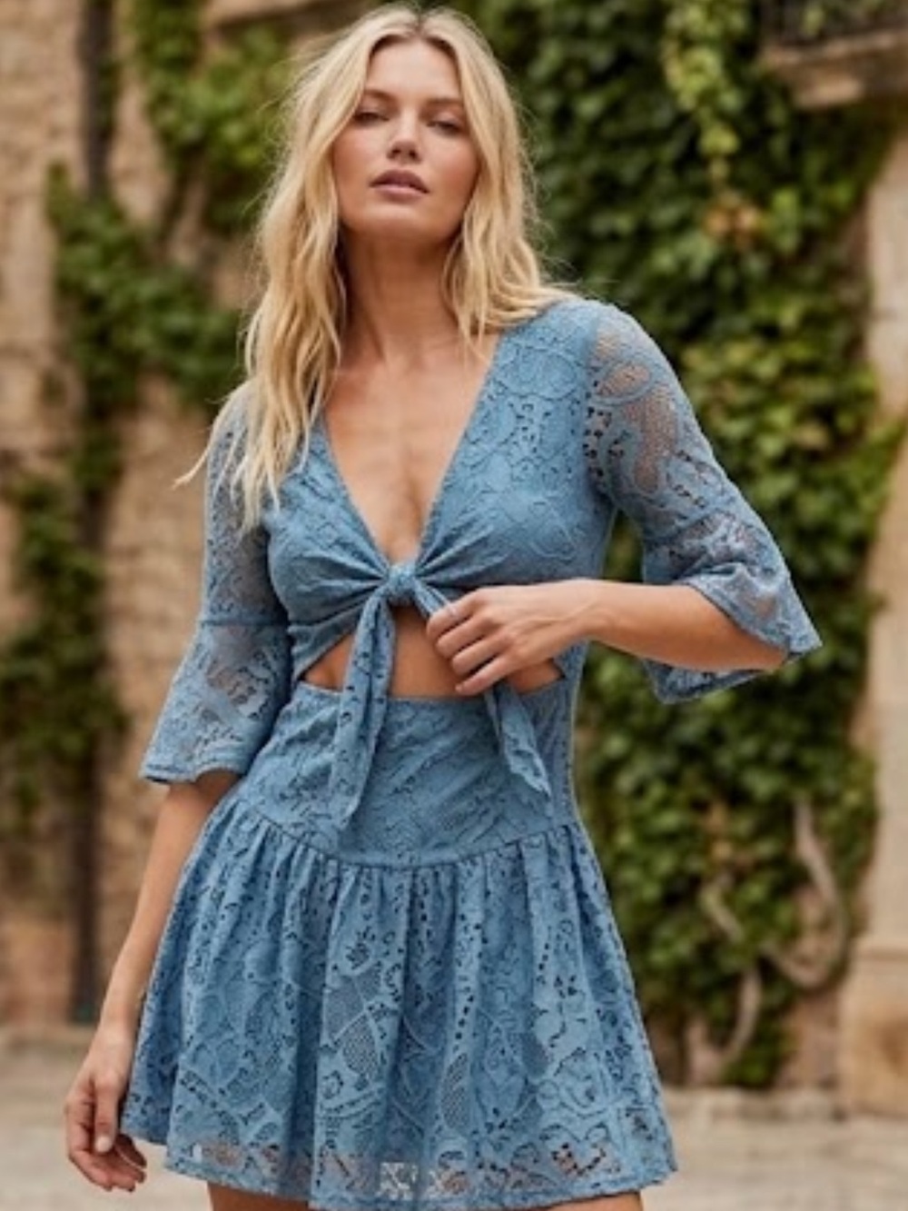 Free People La La Lace Cutout Front Tie Mini Dress XS